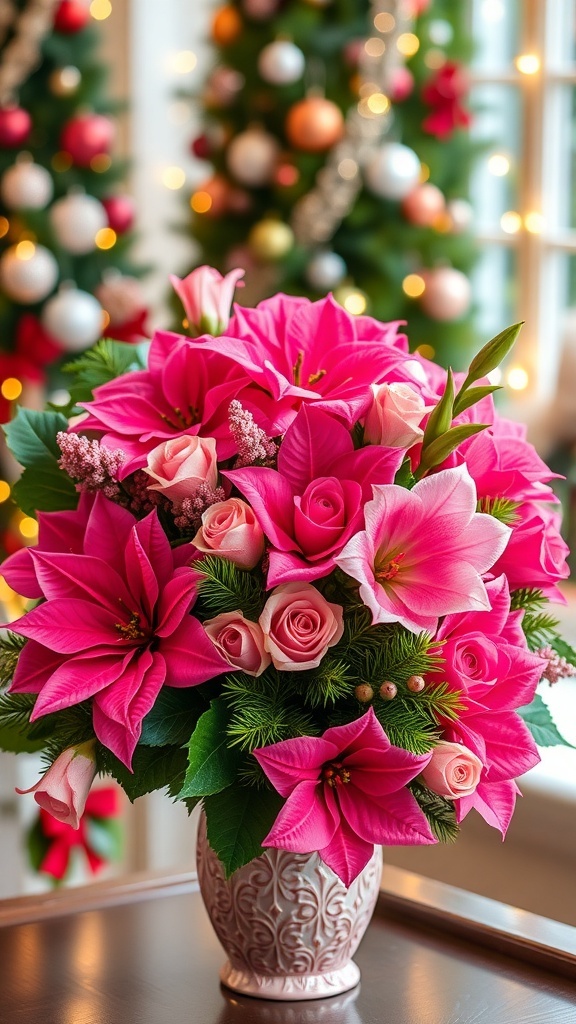 A festive arrangement of pink Christmas flowers including poinsettias, roses, and amaryllis in a decorative vase.